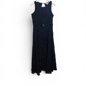 Sleeveless Navy Polka Dot Maxi Dress with Waist Ring